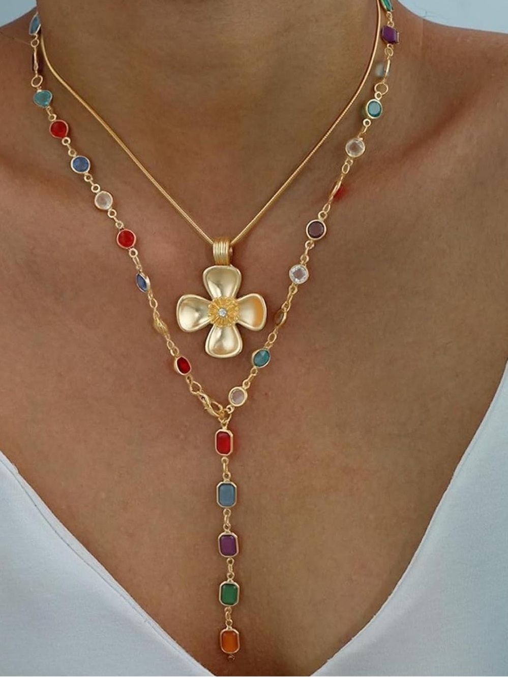Anthropologie Gold Flower Pendant Necklace with Multi-Color Gem Drops - Picture 6 of 6